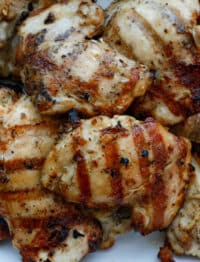 A close up of a plate of food, with Chicken and Grilling