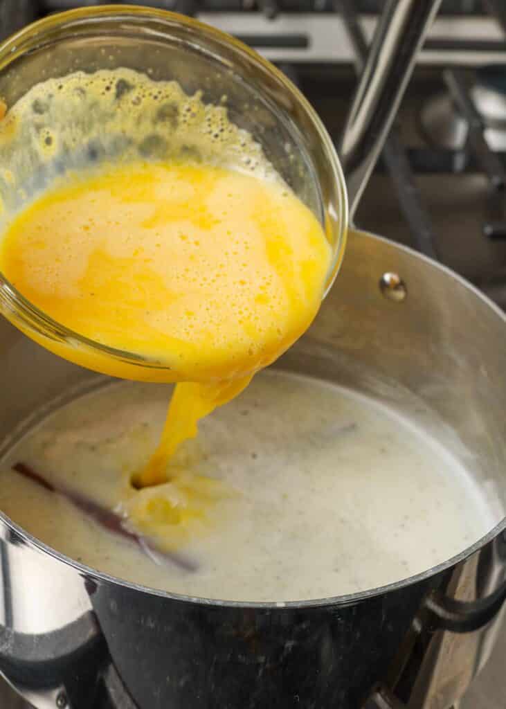 Adding egg mixture to sauce pan