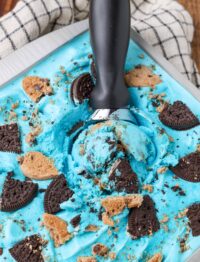 Cookie Monster Ice Cream in metal pan with ice cream scoop
