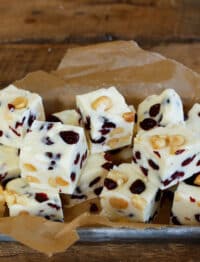 Cranberry Macadamia Nut Fudge is an easy holiday treat that comes together in minutes! get the recipe at barefeetinthekitchen.com
