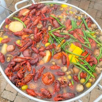 giant pot filled with a Louisiana style crawfish boil
