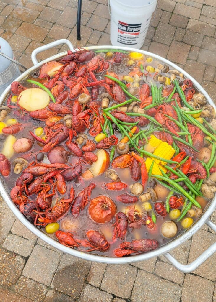 giant pot filled with a Louisiana style crawfish boil