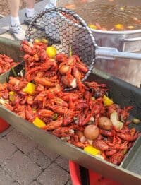 crawfish boil being transferred to serving boat