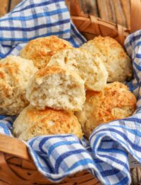 Easy Drop Biscuits with blue and white linen in basket