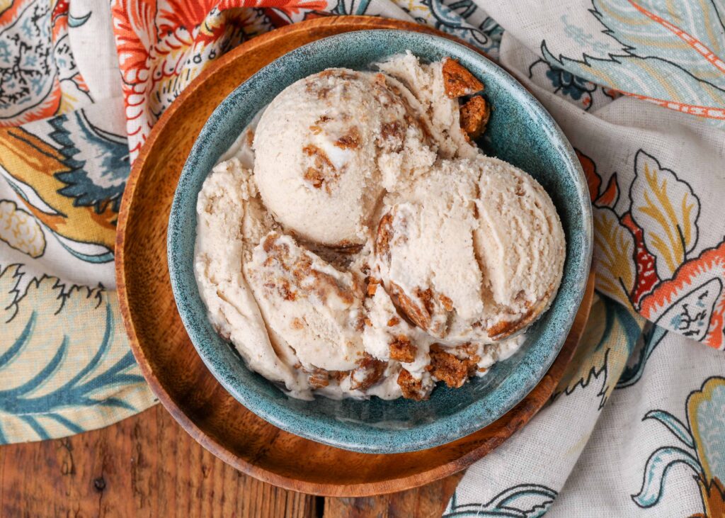 Overhead horizontal shot of oatmeal cream pie ice cream, served in a blue bowl