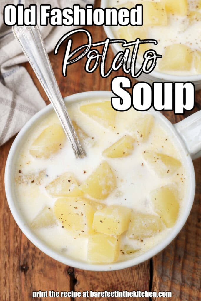 white lettering has been overlaid this image of a white bowl filled with potato soup. It reads, "Old fashioned potato soup".