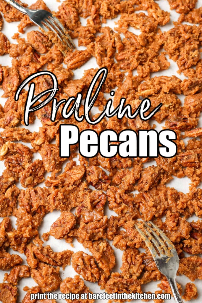 Overhead shot of praline pecans with silver forks