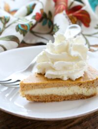 Cheesecake meets Pumpkin Pie in this family favorite! get the recipe at barefeetinthekitchen.com