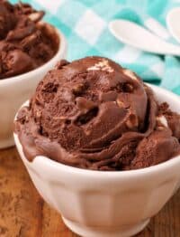 close up shot of chocolate ice cream in bowl with teal napkin