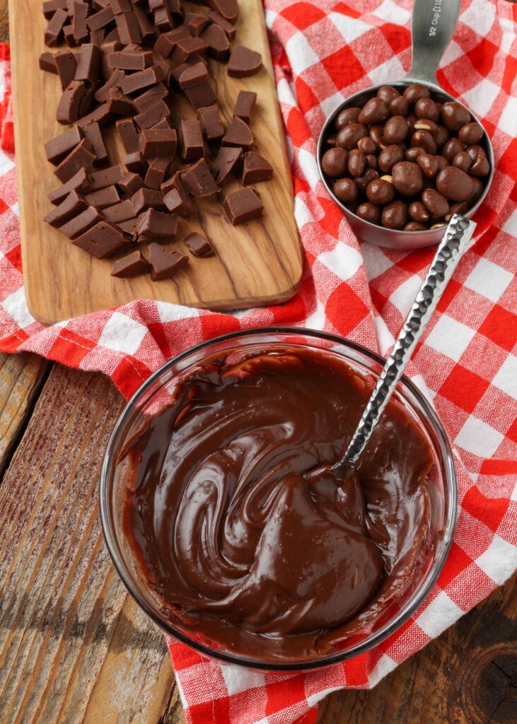 Chocolate fudge, hot fudge, and chocolate-covered peanuts