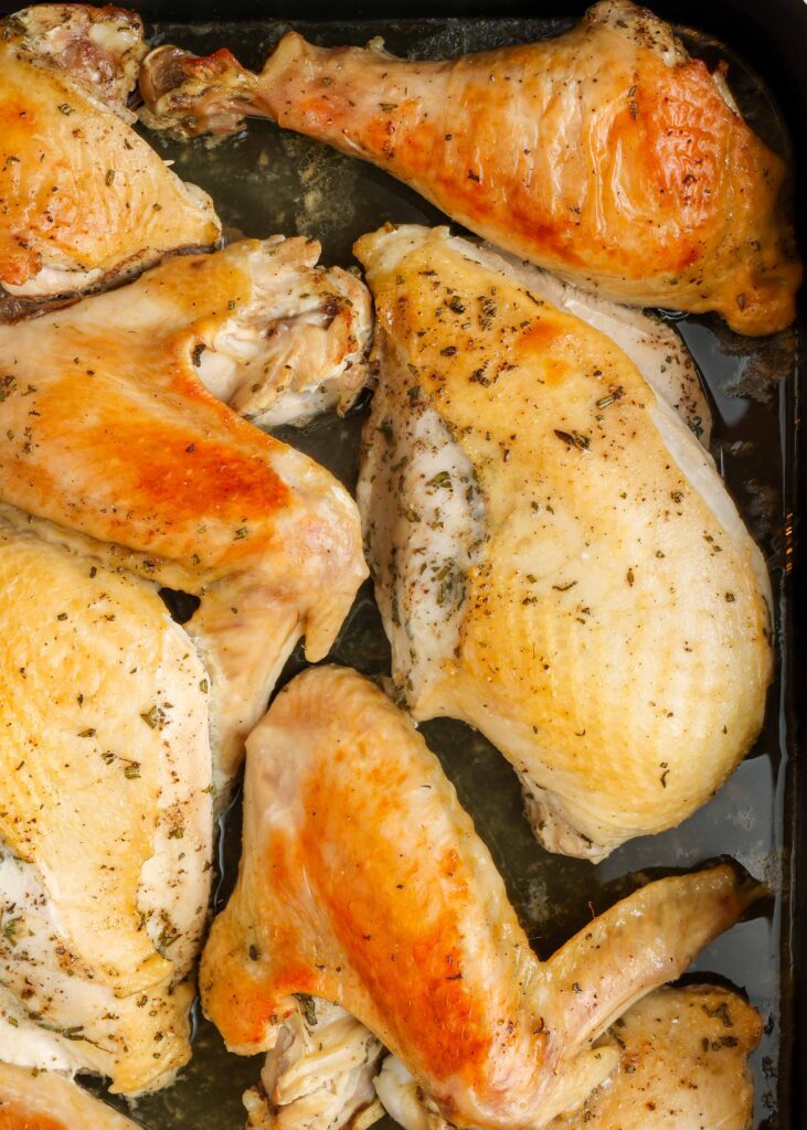 roast turkey sections in pan