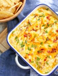 Everyone loves Twice Baked Potatoes and this dip maximizes that flavor combo in an EASY crowd friendly recipe! get the details at barefeetinthekitchen.com